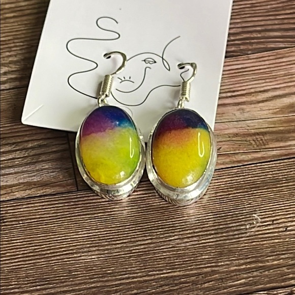Yellow and Purple Oval Earrings with Silver Hooks - Picture 4 of 4